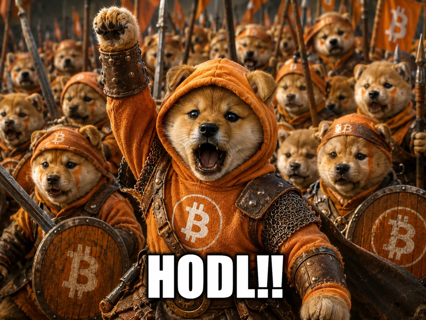 Community art: an army of DOG puppies holding HODL shields