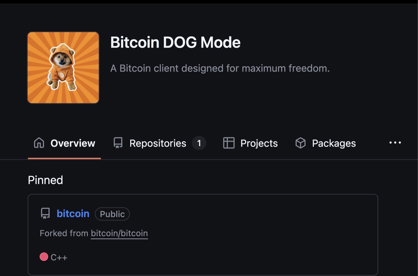 GitHub page of the bitcoindogmode organization: Bitcoin DOG Mode, a Bitcoin client designed for maximum freedom, with the bitcoin repository forked from bitcoin/bitcoin