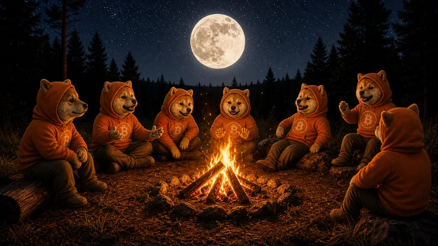 The pack around the campfire under a full moon, talking