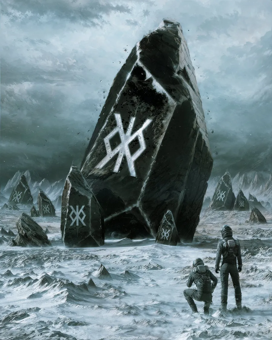 Community art: explorers facing a giant rune-marked monolith in a frozen land